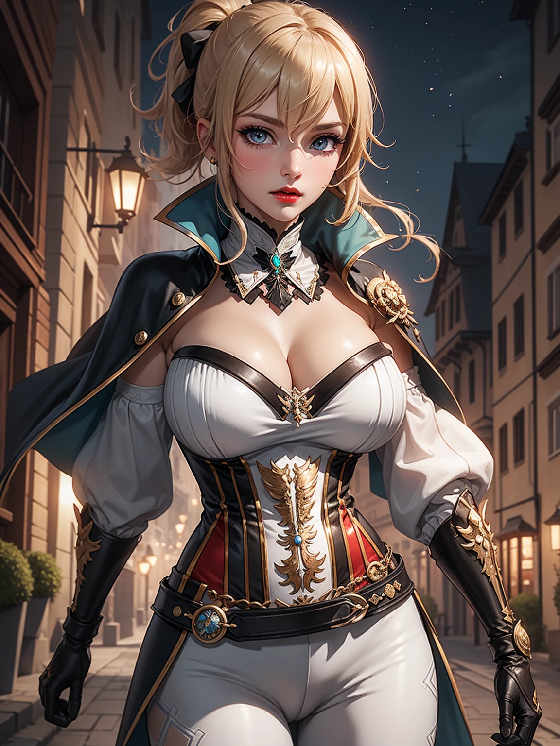 Masterpiece, ultra detail, high quality, 8k cg, jeanfavonian, blush, bright eyes, detail face, dynamic poses,night mondstadt city view background, looking at viewer, huge breast, super detailed, red lip, make up,