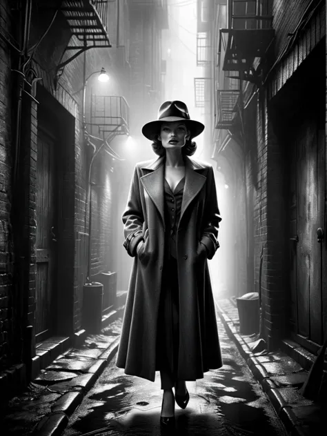 Woman in overcoat and felt hat in dirty alley, Raby, FOG, 1940, detetive noir mad-sincity, (work of art:1.2), best qualityer, (h...