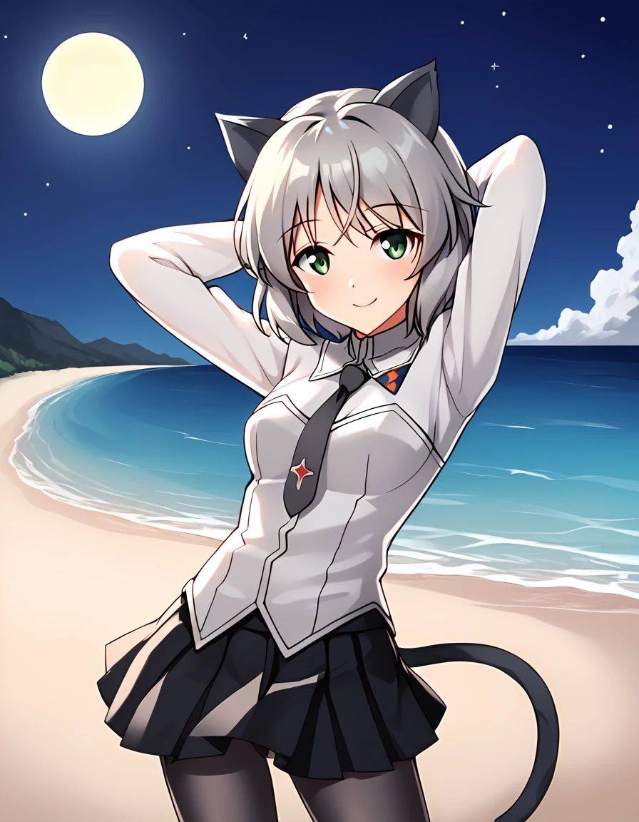 ctiansanya, uniform, necktie, strapless vest, long sleeves, black skirt, black pantyhose, cat ears, cat tail, high quality, night sky, beach, 1girl, solo, arms behind head, contrapposto, spread armpits, looking at viewer, best quality, closed mouth, smile, shy, (cowboy shot:1.5),