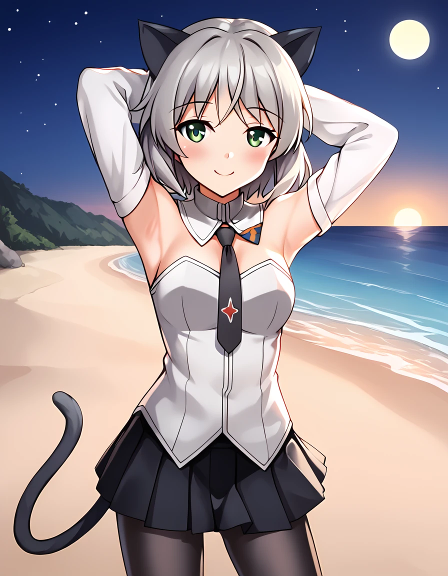 ctiansanya, uniform, necktie, strapless vest, long sleeves, black skirt, black pantyhose, cat ears, cat tail, high quality, night sky, beach, 1girl, solo, arms behind head, contrapposto, spread armpits, looking at viewer, best quality, closed mouth, smile, shy, (cowboy shot:1.5),