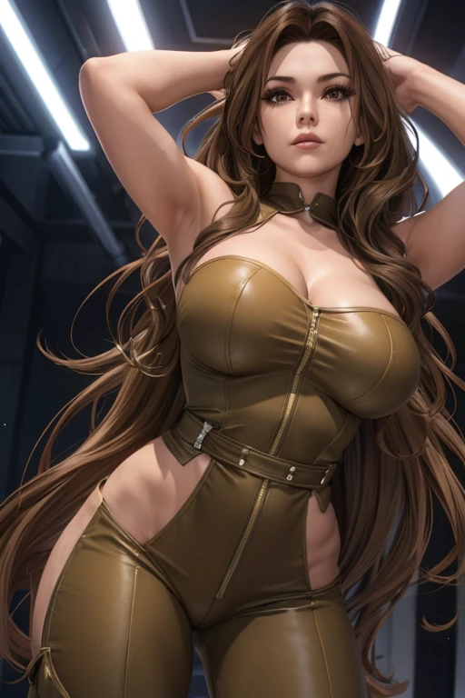 Mujer de 24 años con cabello largo ondulado castaño claro cuerpo firme pechos perfectos Mono estilo espada estelar levantando los brazos detrás de la cabeza 