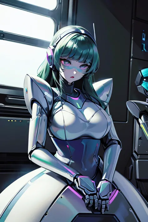 empty eyes,robotized woman ,big bust,Robot Joint ,Metal skin,dress,android,Robot Suit