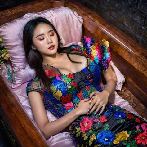In a striking 8K HDR scene, a stunning Korean woman, 22 years old, lies peacefully in a colorful coffin surrounded by plush pill...