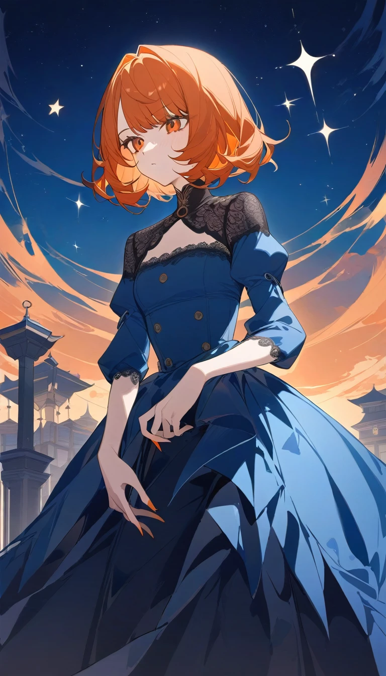 Girl, villainess, beautiful blue and orange colored hair, lovely bob style hair, sky blue dress with stars and lace