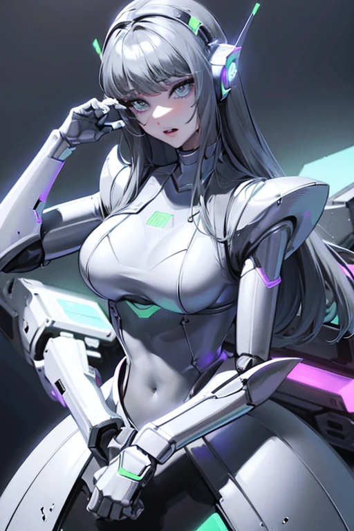 empty eyes,robotized woman ,big bust,Robot Joint ,Metal skin,dress,android,Robot Suit