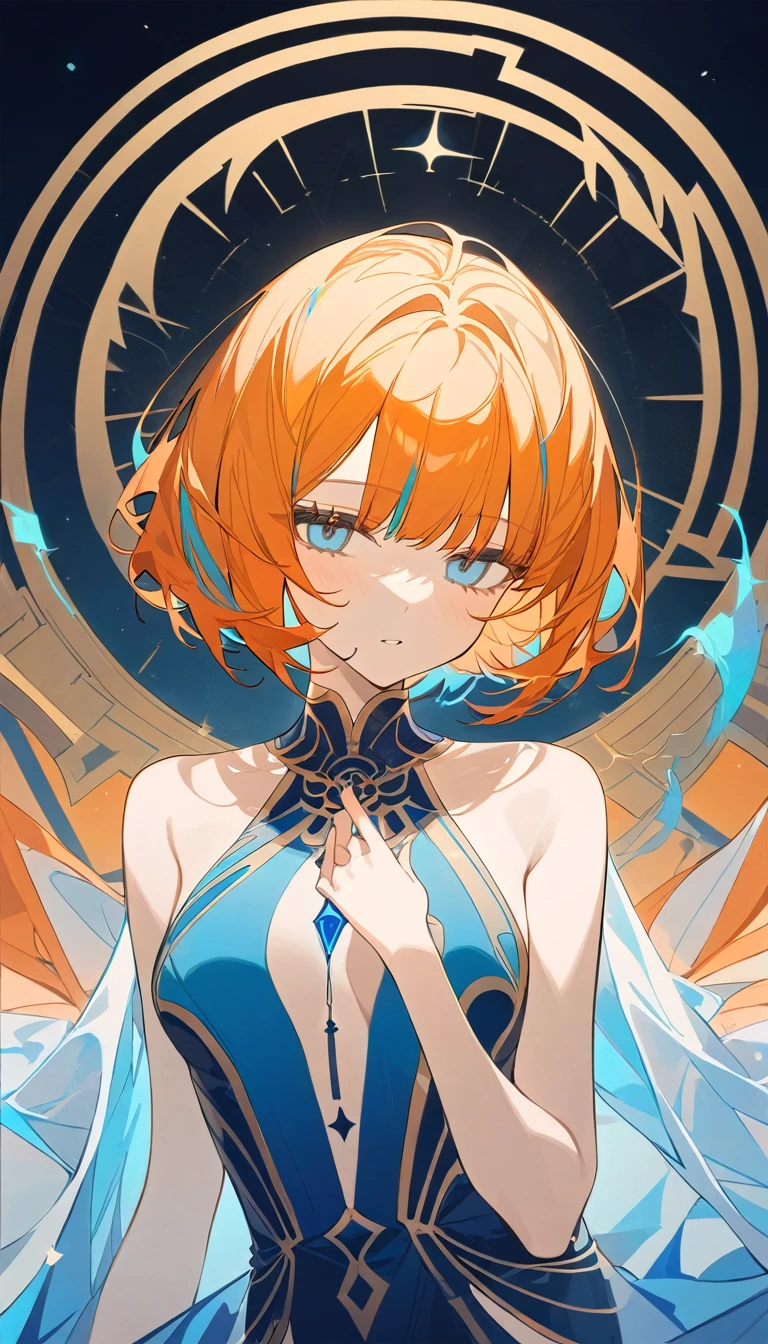 Girl, seductive,  orange colored hair with light blue highlights, lovely bob style hair, goddess, blue ethereal dress. 