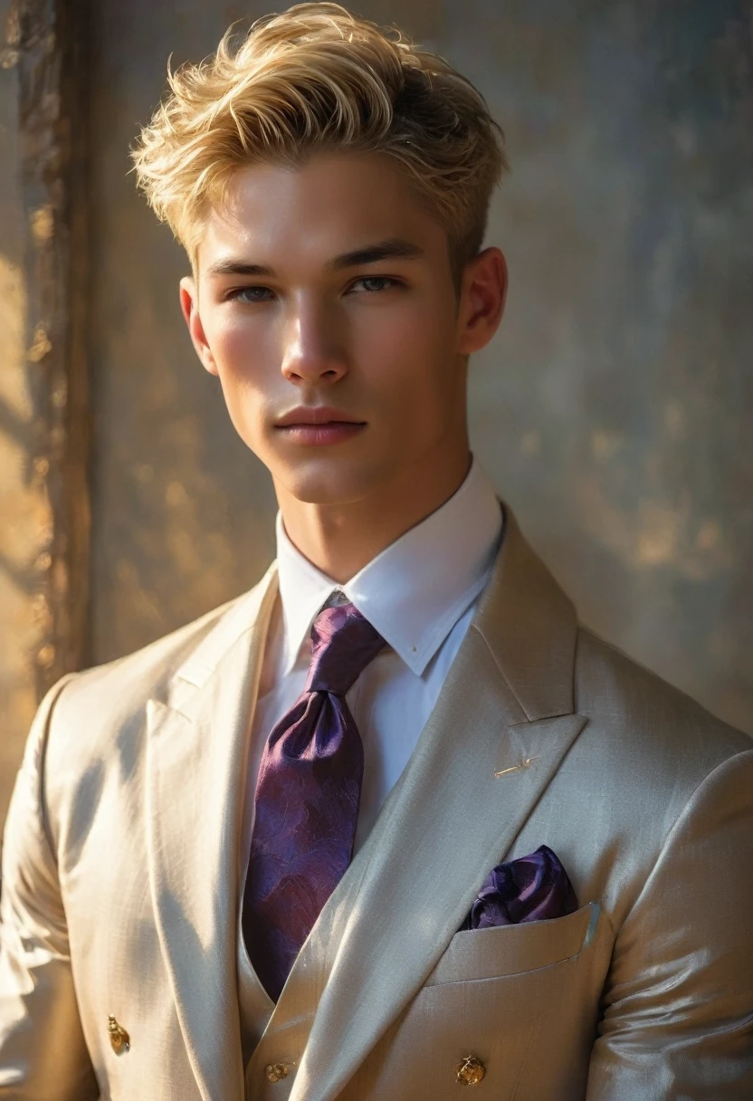 Candid image shot of mixed Asian and Latino male supermodel, 24-3, an attractive and charming,, masculine appearance, slender, short platinum blonde hair in an undercut hairstyle, masculine appearance with slender physique, small pectorals, symmetric face, natural olive skin tone exudes youthfulness and athleticism, he is very photogenic man, Position him against an ornate dark background featuring a framed white and purple floral painting to add depth and richness to the scene, (He wears an open luxurious light purple and white patterned suit), His expression is serene and slightly introspective, with a soft confident gaze directed slightly off-camera, Utilize natural soft lighting streaming in from a window, casting gentle highlights and shadows that accentuate the contours of his face and the texture of his robe, The light creates a warm intimate atmosphere with a golden tone that enhances his skin and the robe, The interplay of light and shadow adds depth and dimension to the scene, slightly blurred focus background, bringing him into sharp clear detail while the rich tones of the background enhance the overall opulence of the image. Capture full-body short, dynamic angle, using a Canon EOS R7 and Sigma AF 85mm F1.4 EX DG HSM lens by Thomas Synnamon, Employ a shallow depth of field to focus closely on his face and body while softly blurring the background, Draw inspiration from high-fashion photographer, emphasize detail, texture and a sophisticated luxurious atmosphere, Emphasize the golden warm lighting and its effect on enhancing his features and the robe's rich textures, creating a visually captivating and elegant portrait that exudes warmth and sophistication, The overall mood blend the classical elegance of the modern, high-fashion aesthetic, producing an image that feels both timeless and contemporary, raw photo, masterpiece, best quality, Correct body structure, Correct photo distance,