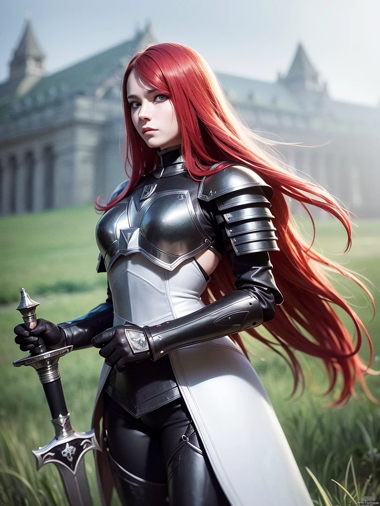 Portrait, fantasy, Beautiful, majestic, warrior woman, solo-girl, (long red hair:1.1), pale white skin, green eyes, narrow eyes, (black leather armor:1.4), grey shoulder pads, grey gauntlets, holding a sword, standing in a grassy field