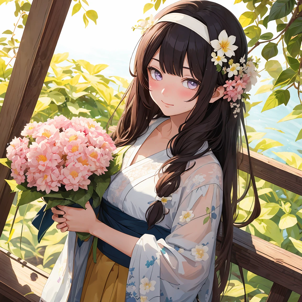 masterpiece， Very detailed， Best quality， Ultra-high resolution， 1 Girl， 独奏，（Ratio of Hyuga flowers：1），Long hair hanging down, Headband, work&#39;s purple eyes, Ponytail, beautiful, beautiful woman, Perfect body, Perfect breasts, View Viewer, Smile, Realism, masterpiece, Textured Skin, Super Detail, High Detail, high quality, best quality, 16K，（Wear nurses，Nurse top），live in the hotel，Pick up the whip，With a long whip，Charming pose，（Wear black），（Sweating，Sweat a lot，Blush Blush，blush，My face is covered with sweat，Blush Blush），（My face is sweating a lot，blush，Blush Blush，Blushing on the face）