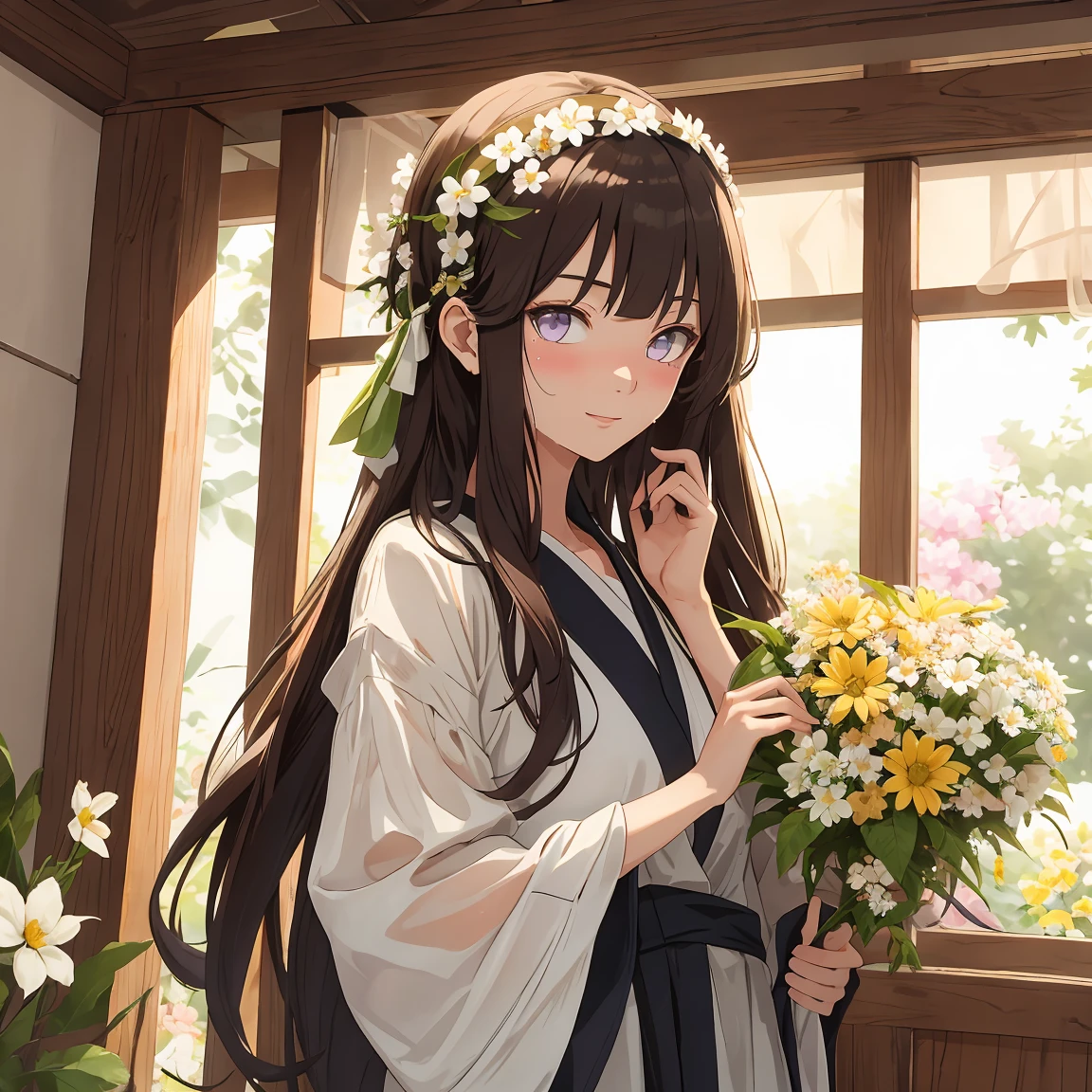 masterpiece， Very detailed， Best quality， Ultra-high resolution， 1 Girl， 独奏，（Ratio of Hyuga flowers：1），Long hair hanging down, Headband, work&#39;s purple eyes, Ponytail, beautiful, beautiful woman, Perfect body, Perfect breasts, View Viewer, Smile, Realism, masterpiece, Textured Skin, Super Detail, High Detail, high quality, best quality, 16K，（Wear nurses，Nurse top），live in the hotel，Pick up the whip，With a long whip，Charming pose，（Wear black），（Sweating，Sweat a lot，Blush Blush，blush，My face is covered with sweat，Blush Blush），（My face is sweating a lot，blush，Blush Blush，Blushing on the face）