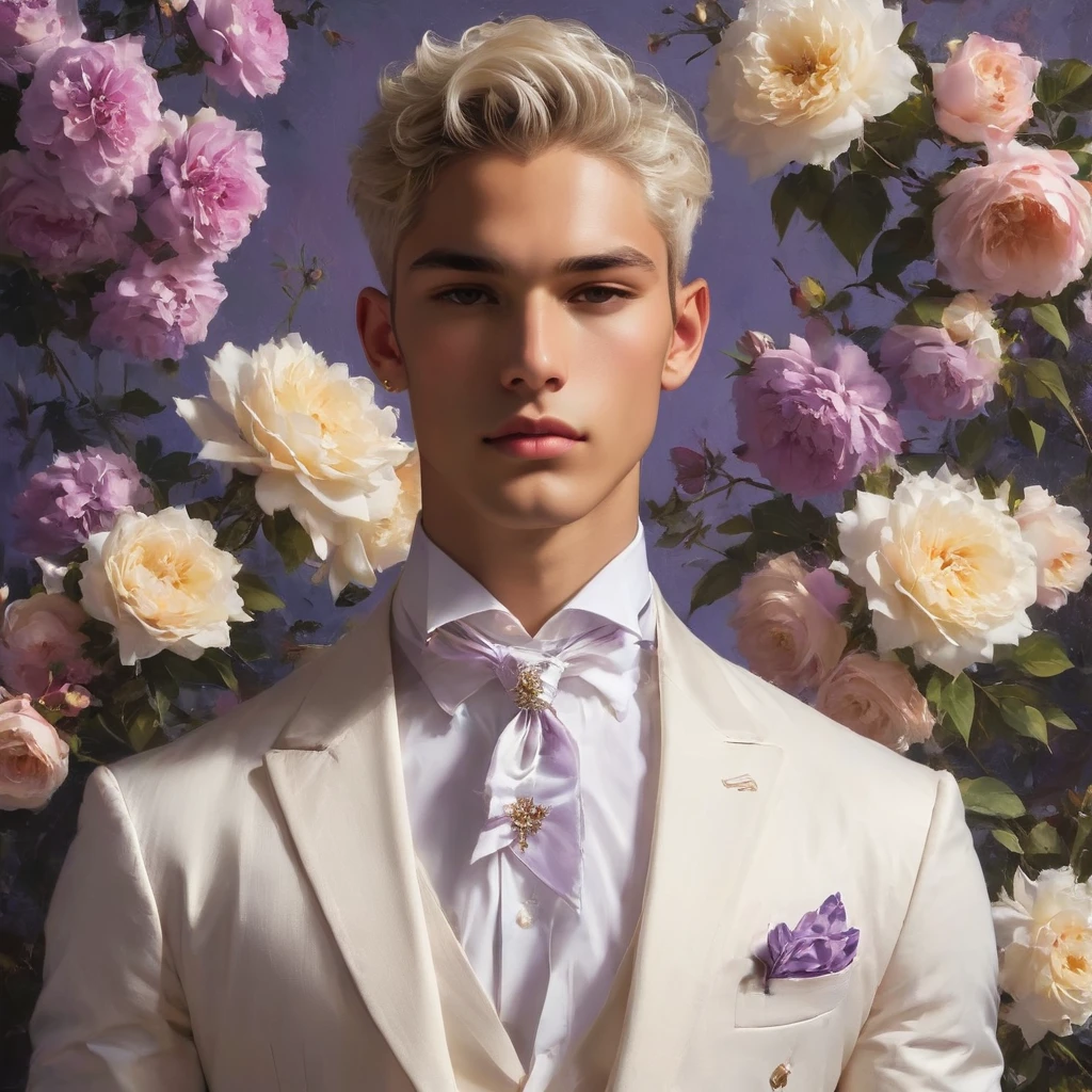 Candid Vogue fashion (full-body shot) of mixed Latino and Japanese male supermodel, 25 year old, short platinum silver white hair, masculine appearance with slender physique, symmetric face, natural olive skin tone, exudes youthfulness and athleticism, he is very photogenic, Position against an ornate dark purple background featuring a purple and white rose floral painting wallpaper to add depth and richness to the scene, ((Depict Lucifer as a charismatic and sophisticated figure)), He is a striking presence with an air of mystery and intelligence. wears a well-fitted, light purple blazer over a white shirt, with dark jeans and stylish shoes. His demeanor is confident and charming, with a subtle hint of his divine origins in his calm and intense gaze. The background should be a modern, urban setting with a blend of sophistication and casualness, evoke the soft ethereal quality of the Renaissance style, raw photo, ((masterpiece)), (best quality), High Resolution, (ultra_realistic), photorealistic, ((Pay attention to the layer and arrangement of body parts and surrounding objects)), ((Pay attention to the body composition)), ((Correct body structure)), ((Correct photo distance)), romantic atmosphere, lively extremely Gorgeous background),