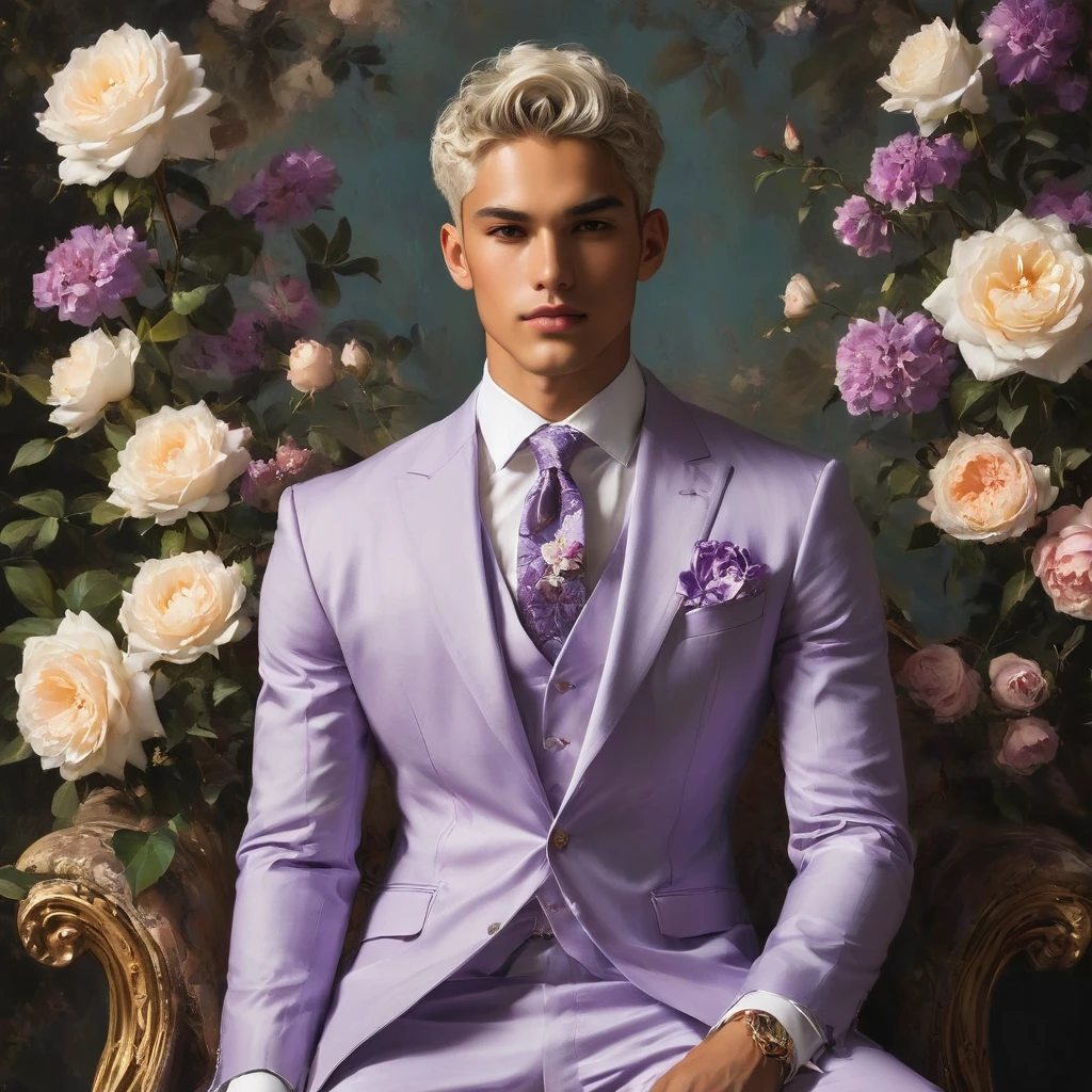 Candid Vogue fashion (full-body shot) of mixed Latino and Japanese male supermodel, 25 year old, short platinum silver white hair, masculine appearance with slender physique, symmetric face, natural olive skin tone, exudes youthfulness and athleticism, he is very photogenic, Position against an ornate dark purple background featuring a purple and white rose floral painting wallpaper to add depth and richness to the scene, ((Depict Lucifer as a charismatic and sophisticated figure)), He is a striking presence with an air of mystery and intelligence. wears a well-fitted, light purple blazer over a white shirt, with dark jeans and stylish shoes. His demeanor is confident and charming, with a subtle hint of his divine origins in his calm and intense gaze. The background should be a modern, urban setting with a blend of sophistication and casualness, evoke the soft ethereal quality of the Renaissance style, raw photo, ((masterpiece)), (best quality), High Resolution, (ultra_realistic), photorealistic, ((Pay attention to the layer and arrangement of body parts and surrounding objects)), ((Pay attention to the body composition)), ((Correct body structure)), ((Correct photo distance)), romantic atmosphere, lively extremely Gorgeous background),