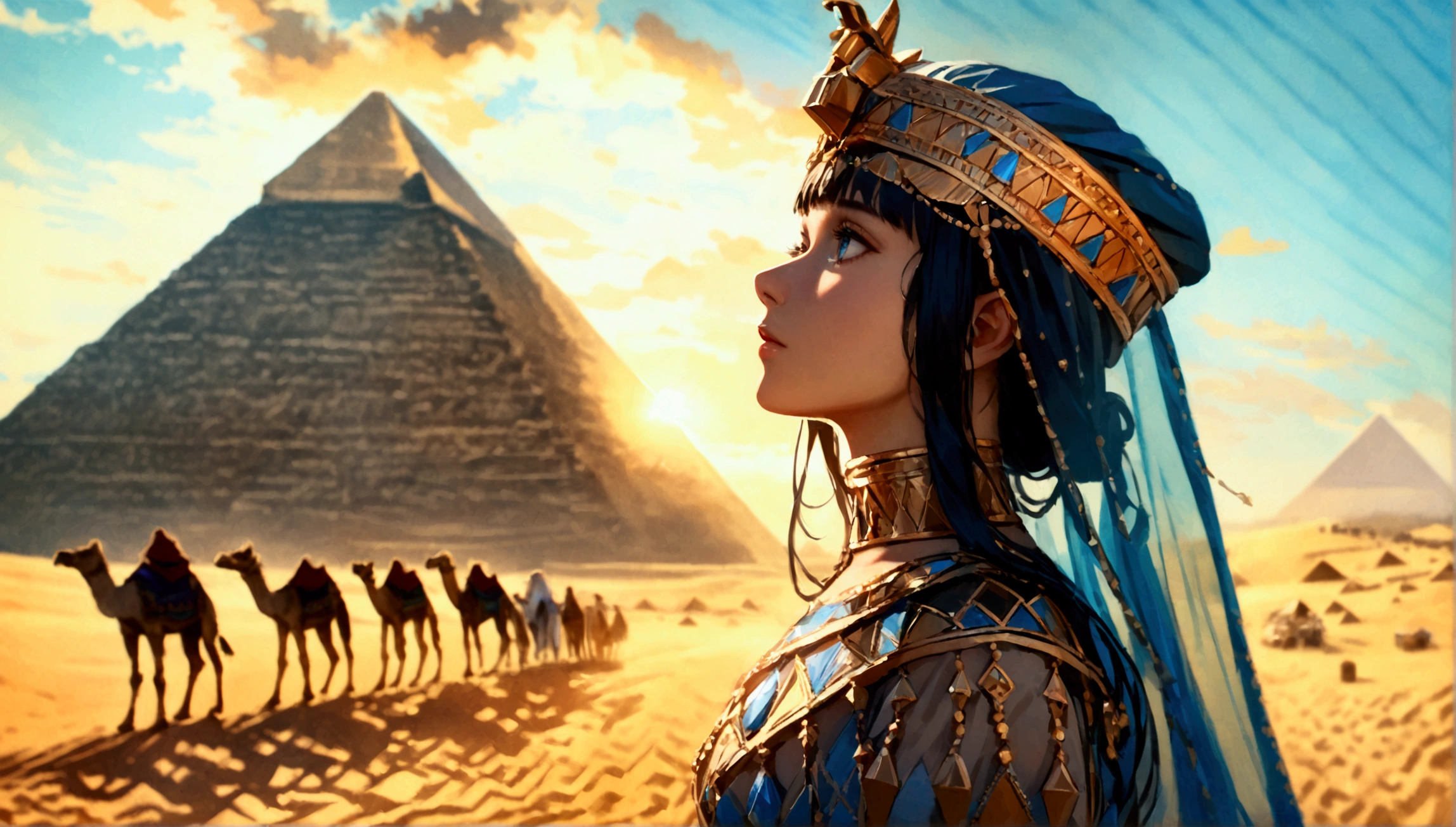 score 9, sorce photo, from side, wide shot, a young gay princess in egyptian style gorgeous dress, looking up at the pyramids, one hand up, clear blue sky, Very strong sunlight, endless desert, A line of camel caravan in the distance, hyper detailed, cinematic lighting, 8k, highly detailed face and eyes, intricate ornate jewelry, flowing fabric, masterpiece, 