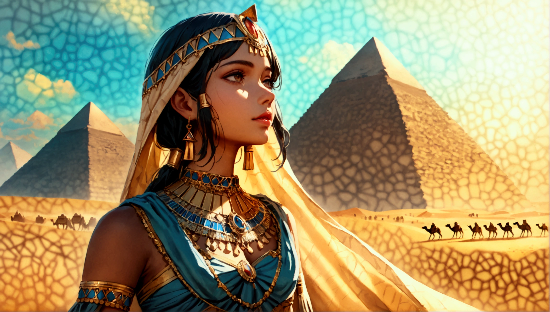 score 9, sorce photo, from side, wide shot, a young gay princess in egyptian style gorgeous dress, looking up at the pyramids, one hand up, clear blue sky, Very strong sunlight, endless desert, A line of camel caravan in the distance, hyper detailed, cinematic lighting, 8k, highly detailed face and eyes, intricate ornate jewelry, flowing fabric, masterpiece, 