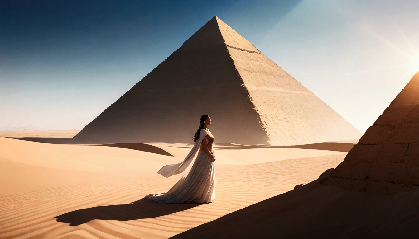 score 9, sorce photo, from side, wide shot, a young gay princess in egyptian style gorgeous dress, looking up at the pyramids, one hand up, clear blue sky, Very strong sunlight, endless desert, A line of camel caravan in the distance, hyper detailed, cinematic lighting, 8k, highly detailed face and eyes, intricate ornate jewelry, flowing fabric, masterpiece, 