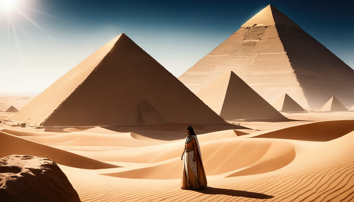 score 9, sorce photo, from side, wide shot, a young gay princess in egyptian style gorgeous dress, looking up at the pyramids, one hand up, clear blue sky, Very strong sunlight, endless desert, A line of camel caravan in the distance, hyper detailed, cinematic lighting, 8k, highly detailed face and eyes, intricate ornate jewelry, flowing fabric, masterpiece, 