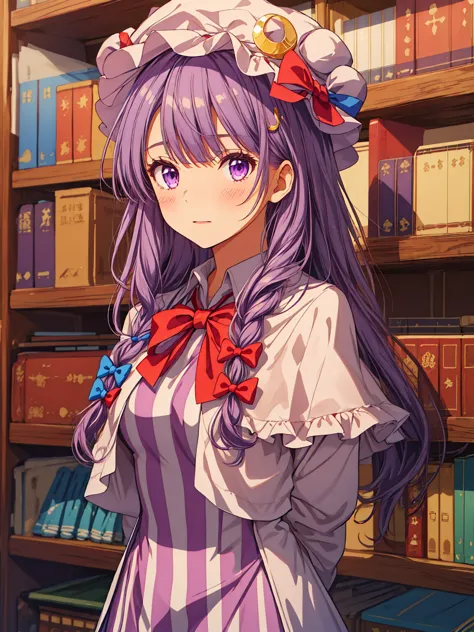best quality, masterpiece, highres,  upper_body,  looking_at_viewer, solo, {patchouli_knowledge_touhou:1.15}, long_hair, purple_...