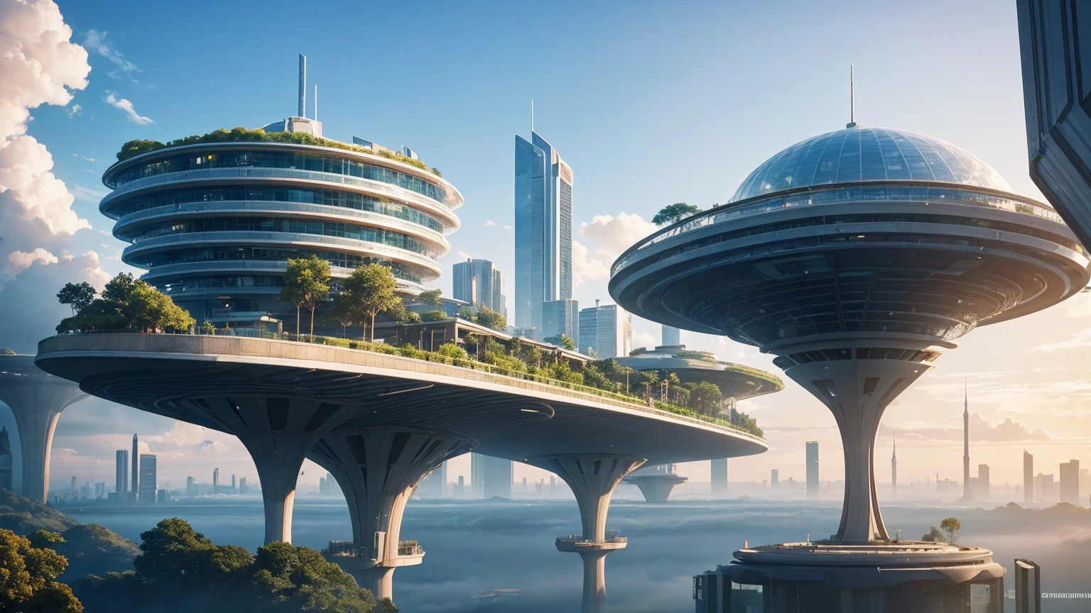 (Best quality,4K,8K,A high resolution,Masterpiece:1.2),Ultra-detailed,(Realistic,Photorealistic,photo-realistic:1.37),Futuristic floating city,Futuristic technology,Huge urban high-tech tablet platform,Airship,Floating in the sky,Futuristic city,Small airships around,High-tech hemispherical platform,Colorful lights,Advanced architecture,modernn architecture,skyscrapper,Access the cloud,Scenic beauty,view over city,Impressive design,Blend seamlessly with nature,energetic and vibrant atmosphere,Futuristic transportation system,Parking is suspended,Transparent path,Lush greenery,Sky gardens,cascading waterfalls,Magnificent skyline,reflections on the water,Sparkling river,Architectural innovation,futuristic skyscrapers,Transparent dome,The shape of the building is unusual,Elevated walkway,Impressive skyline,Glowing lights,Futuristic technology,Minimalist design,Scenic spots,Panoramic view,Cloud Piercing Tower,Vibrant colors,epic sunrise,epic sunset,Dazzling light display,magical ambiance,The future city,Urban Utopia,LuxuryLifestyle,Innovative energy,sustainable development,Smart city technology,Advanced infrastructure,Tranquil atmosphere,Nature and technology live in harmony,Awesome cityscape,Unprecedented urban planning,Architecture connects seamlessly with nature,High-tech metropolis,A cutting-edge engineering marvel,The future of urban living,Visionary architectural concept,Energy-efficient buildings,Harmony with the environment,A city floating above the clouds,Utopian dreams become reality,The possibilities are endless,State-of-the-art transportation network,Green energy integration,Innovative materials,Impressive holographic display,Advanced communication system,Breathtaking aerial view,Quiet and peaceful environment,Modernist aesthetics,Ethereal beauty