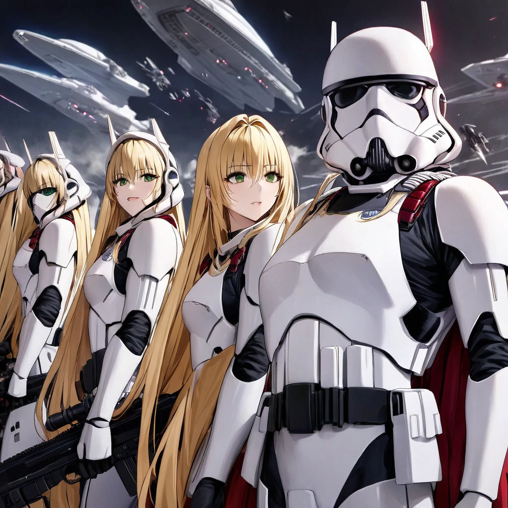 ((Highest quality)), ((masterpiece)), (detailed), （Perfect Face）、The woman is Tiare, a beautiful Stormtrooper with green eyes and medium-long blonde hair, carrying an assault rifle-type blaster.、On Imperial spaceships, they line up in orderly rows with other Stormtroopers and serve in loyalty to Emperor Palpatine.