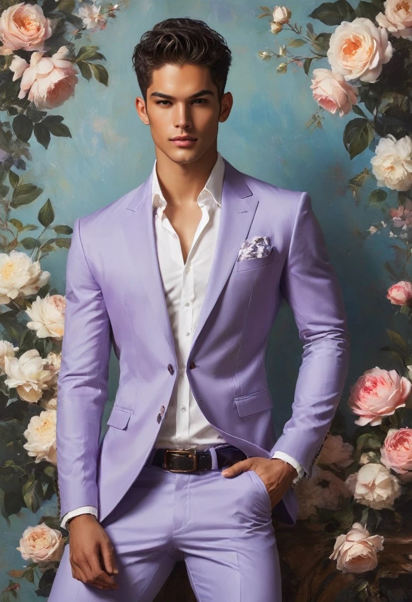 Candid Vogue fashion (full-body shot) of mixed Latino and Japanese male supermodel, 25 year old, short platinum silver white hair, masculine appearance with slender physique, symmetric face, natural olive skin tone, exudes youthfulness and athleticism, he is very photogenic, Position against an ornate dark purple background featuring a purple and white rose floral painting wallpaper to add depth and richness to the scene, ((Depict Lucifer as a charismatic and sophisticated figure)), He is a striking presence with an air of mystery and intelligence. wears a well-fitted, light purple blazer over a white shirt, with dark jeans and stylish shoes. His demeanor is confident and charming, with a subtle hint of his divine origins in his calm and intense gaze. The background should be a modern, urban setting with a blend of sophistication and casualness, evoke the soft ethereal quality of the Renaissance style, raw photo, ((masterpiece)), (best quality), High Resolution, (ultra_realistic), photorealistic, ((Pay attention to the layer and arrangement of body parts and surrounding objects)), ((Pay attention to the body composition)), ((Correct body structure)), ((Correct photo distance)), romantic atmosphere, lively extremely Gorgeous background),