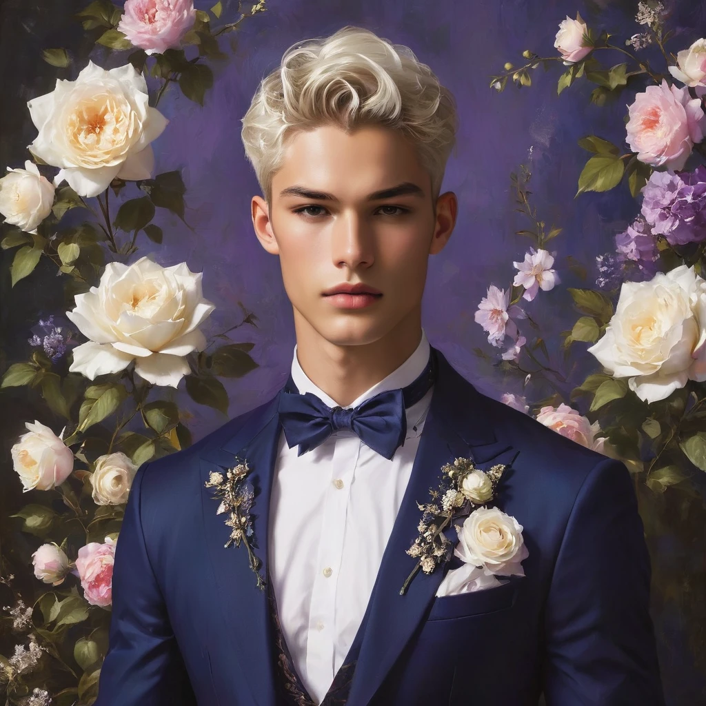 Candid Vogue fashion (full-body shot) of mixed Latino and Japanese male supermodel, 25 year old, short platinum silver white hair, masculine appearance with slender physique, symmetric face, natural olive skin tone, exudes youthfulness and athleticism, he is very photogenic, Position against an ornate dark purple background featuring a purple and white rose floral painting wallpaper to add depth and richness to the scene, ((Depict Lucifer as a charismatic and sophisticated figure)), He is a striking presence with an air of mystery and intelligence. wears a well-fitted, light purple blazer over a white shirt, with dark jeans and stylish shoes. His demeanor is confident and charming, with a subtle hint of his divine origins in his calm and intense gaze. The background should be a modern, urban setting with a blend of sophistication and casualness, evoke the soft ethereal quality of the Renaissance style, raw photo, ((masterpiece)), (best quality), High Resolution, (ultra_realistic), photorealistic, ((Pay attention to the layer and arrangement of body parts and surrounding objects)), ((Pay attention to the body composition)), ((Correct body structure)), ((Correct photo distance)), romantic atmosphere, lively extremely Gorgeous background),