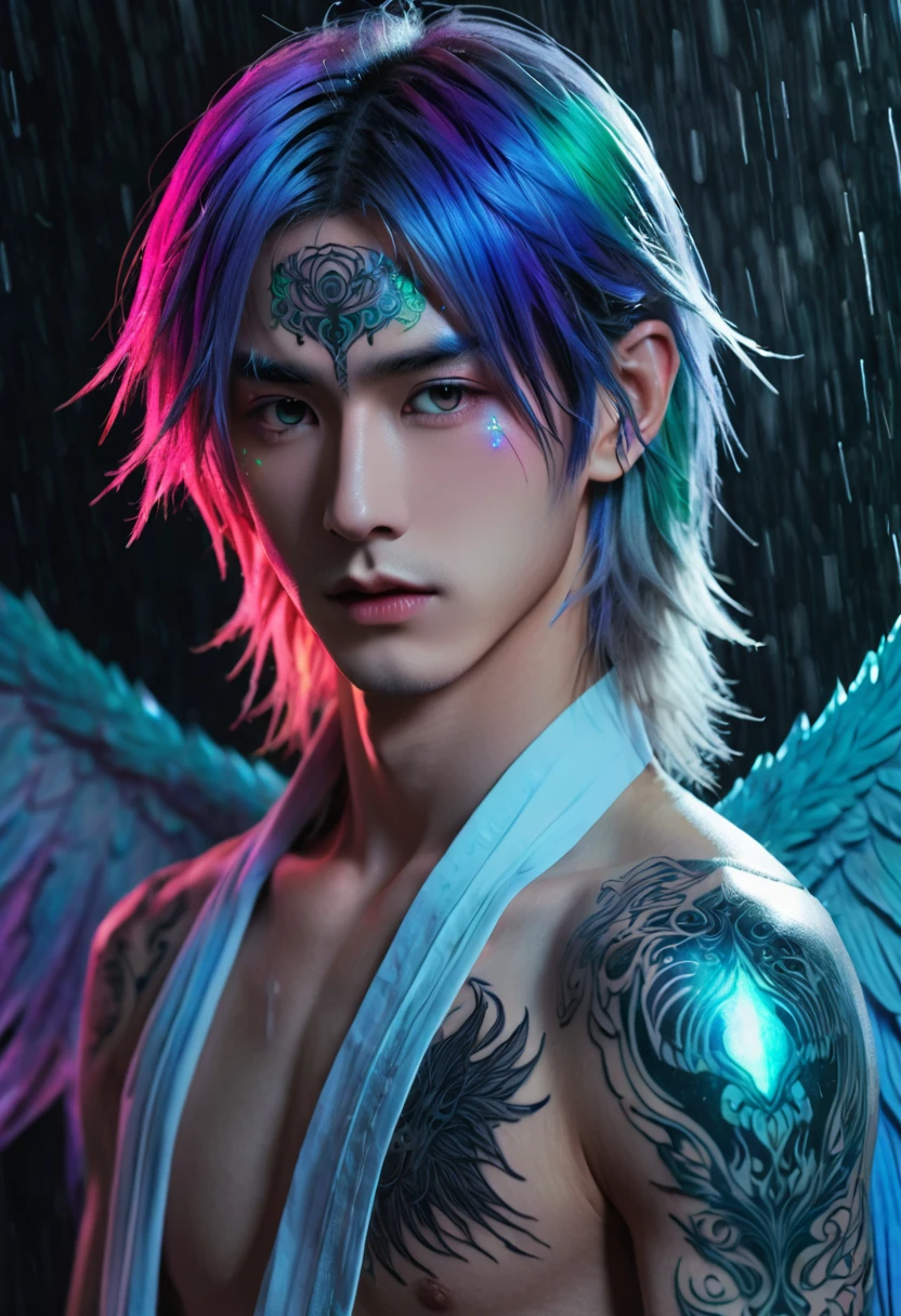 An ethereal sultryseductivedemonic 20 year old anime male druid with metallic long hair, delicate masterpiece intimate delicate etched glowing neon tattoos, anime druid demon male hellscape at night, manga inspired by Masashi Wakui, rainbow color palette, atmospheric fog, decay, worn textures, rain-soaked fantasy village, manga-style illustration --s 150 --ar 1:2 --c 5 Removed From Image