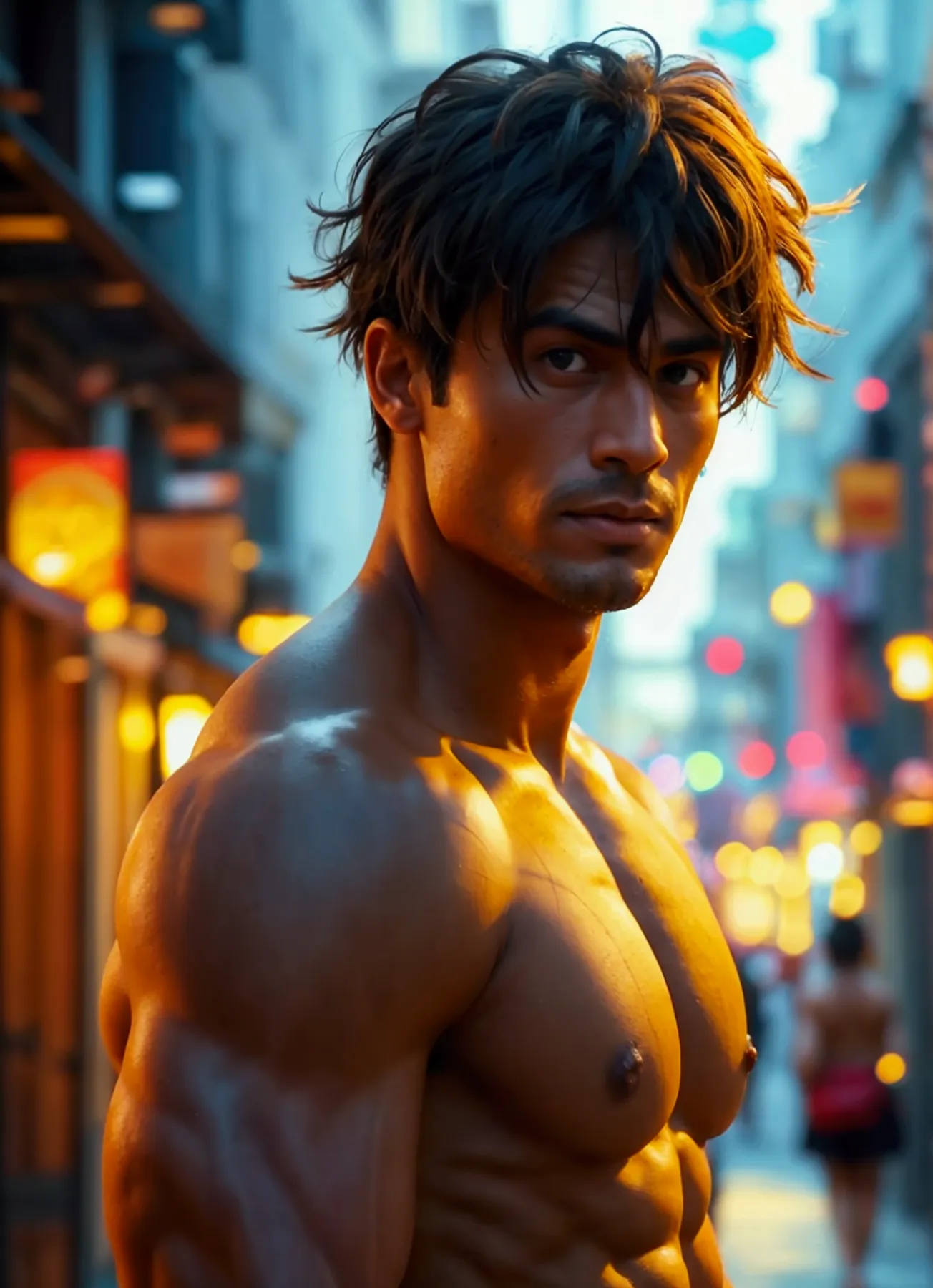 Create a hot strong man, tanned and naked on the street