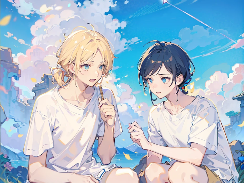 Two boys，Squatting，The person on the left has blond hair，The person on the right has dark blue hair，White shirt，shorts，Holding a firework stick，daytime，outdoor，Natural light，Blue sky and white clouds，White T-shirt，8K，Correct human body，Detailed eye painting，illustration，Highest quality，Exquisite，Detailed face，Masterpiece，flat chest，Slim，young，16 years old，High-end，Hand Painted，Official Fanart, Visual novel, Anime style，Girly Romance, Produced by Anime Painter Studio，masterpiece, best quality, Sharp focus, Intricate details, Perfect, Golden Ratio Composition, 8K resolution, High resolution, fair, fair sky, Vibrant pastel colors