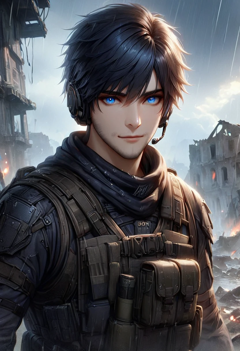 Masterpiece, Highest quality, Heavy rain, battlefield, realistic, 1 person, mature man,solemn face, A quiet and charming young man, 30 years old, smile, gag, Portrait, Highly detailed face, 寒さとsmile, ((blue eyes)), dark black hair,short hair,short hairสีดำ,((short hairสีดำ)), [Thick eyebrows],,1 man,alone,dark black hair,short hair,short hairสีดำ,buzz cut,beautiful eyes,blue eyes,black gloves, soldier, headset,black dress, Weight-bearing vest, sling,Wear epTactical,High Boots,Assault Rifle(AK102),ถือAssault Rifleสีดำ,aimed at the audience,ruins,electricity,destroyed building,Debris,Heavy rain,Masterpiece,best quality,Very detailed,