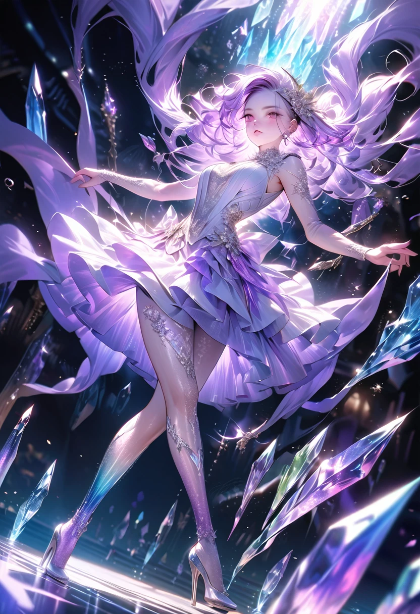 crystal covered, （Full body ：1.3）, alternate color, masterpiece, detailed illustration, realistic, pixiv top quality,  exquisite, {{{kawaii 1girl}}}, ultra beauties who fuse with machines, glitter beautiful female, Half of my body is made of machines,  cinematic lighting, dynamic angle, dynamic pose, crystal world, depth of field，Shiny socks，Crystal stockings，Crystal high heels
