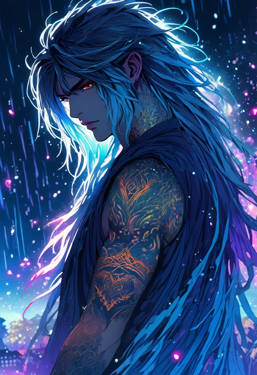 An ethereal sultryseductivedemonic 20 year old anime male druid with metallic long hair, delicate masterpiece intimate delicate etched glowing neon tattoos, anime druid demon male hellscape at night, manga inspired by Masashi Wakui, rainbow color palette, atmospheric fog, decay, worn textures, rain-soaked fantasy village, manga-style illustration --s 150 --ar 1:2 --c 5 Removed From Image