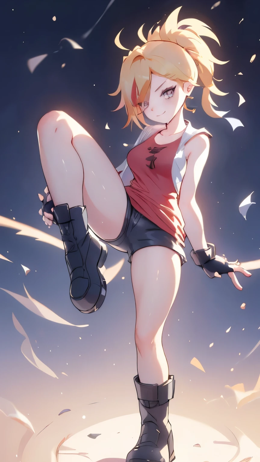 (best quality:1.2),solo,1girl,mdrin,smile,looking at viewer, PLAYING GUITAR ,lovely pose, ponytail,v-shaped eyebrows,red shirt, fingerless gloves,black shorts , garden background, warm color tones,soft lighting, Hair over one eye, ultra long hair, standing on hooftop, long boots, long ponytail, blonde 