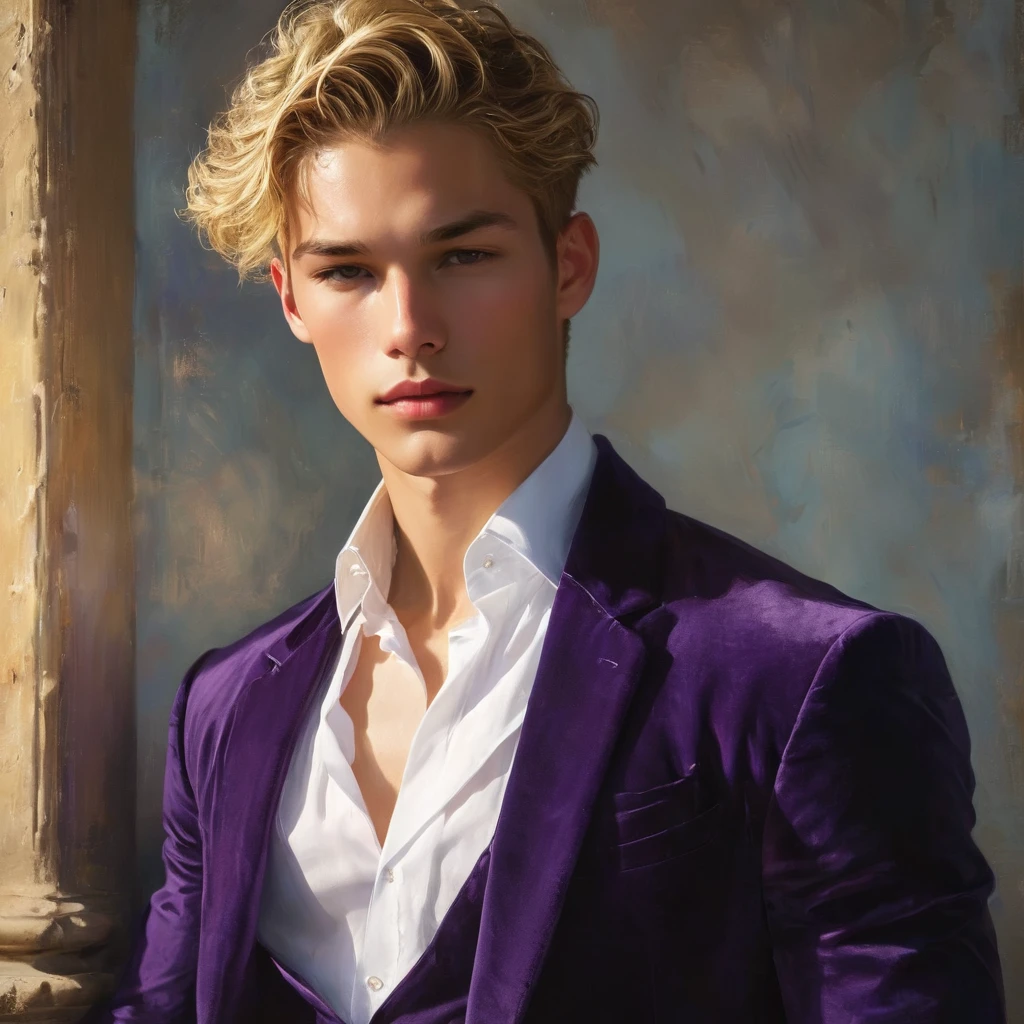 Candid full image of mixed Asian and Latino male supermodel, 24 year old, an attractive and charming, masculine appearance, slender, short platinum blonde hair, masculine appearance with slender physique, small pectorals, symmetric face, natural olive skin tone exudes youthfulness and athleticism, photogenic, Position him against an ornate dark purple background featuring a framed of white and purple rose floral painting to add depth and richness to the scene, (wears an open luxurious purple robe with silver patterned), His expression is serene and slightly introspective, with a soft confident gaze directed slightly off-camera, Utilize natural soft lighting streaming in from a window, casting gentle highlights and shadows that accentuate the contours of his face and the texture of his robe, The light creates a warm intimate atmosphere with a golden tone that enhances his skin and the robe, The interplay of light and shadow adds depth and dimension to the scene, slightly blurred focus background, bringing him into sharp clear detail while the rich tones of the background enhance the overall opulence of the image. Capture (full-body short), dynamic angle, using a Canon EOS R7 and Sigma AF 85mm F1.4 EX DG HSM lens by Thomas Synnamon, Employ a shallow depth of field to focus closely on his face and body while softly blurring the background, Draw inspiration from high-fashion photographer, emphasize detail, texture and a sophisticated luxurious atmosphere, Emphasize the golden warm lighting and its effect on enhancing his features and the robe's rich textures, creating a visually captivating and elegant portrait that exudes warmth and sophistication, The overall mood blend the classical elegance of the modern, high-fashion aesthetic, producing an image that feels both timeless and contemporary, raw photo, masterpiece, best quality, Correct body structure, Correct photo distance, Lucifer Rose,