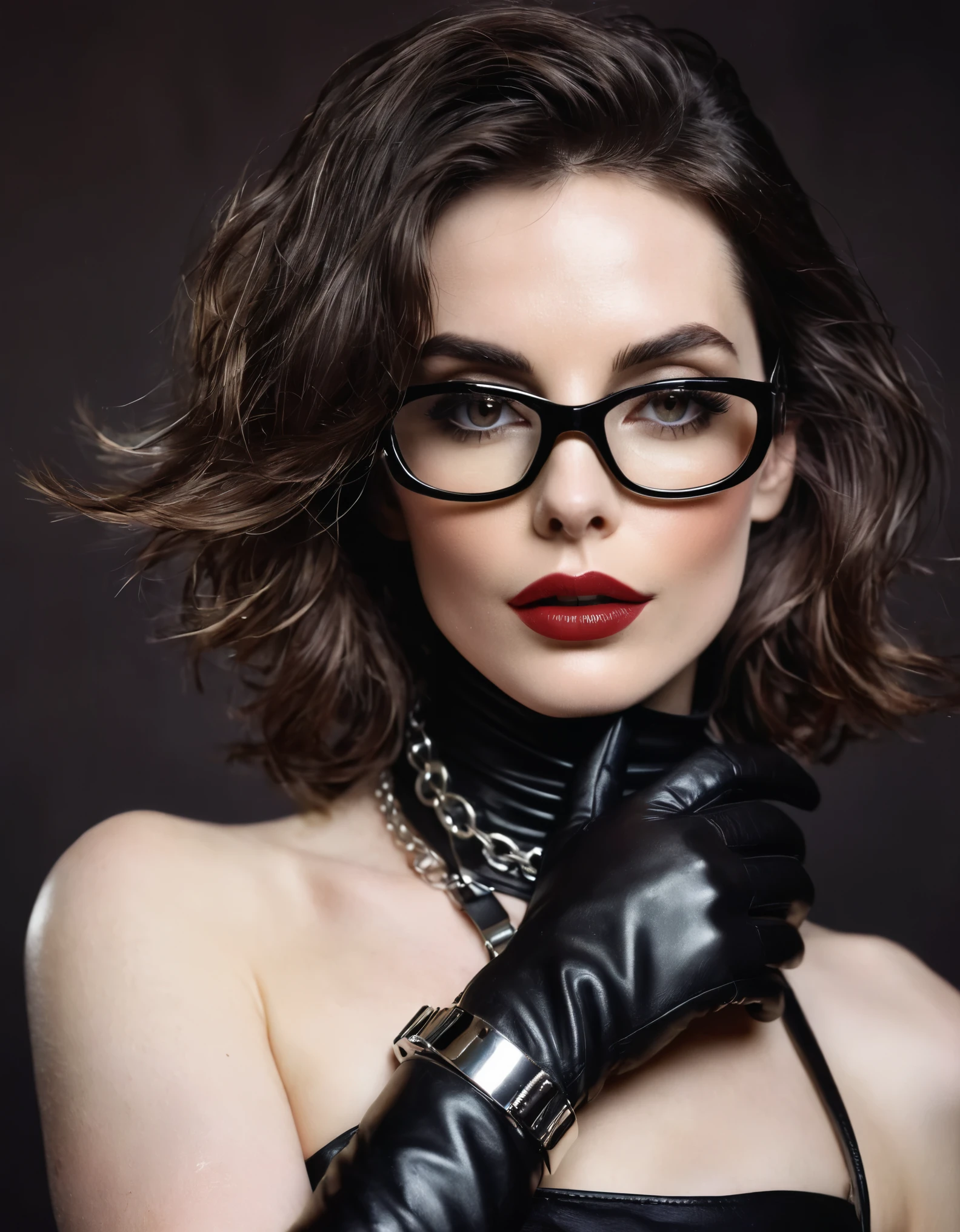 A polaroid shot of an intelligent 35-year-old dominant brunette with disheveled hair, a very thin face, pale white skin, very high cheekbones, large full lips, the largest lips, small glasses, deep mouth, dark plump glossy lips, very bright makeup. Very thin. Naked sexy model. in bdsm style. Wearing in leather gloves. A magnificent hairstyle. Shiny steel bracelets on top of black gloves. and Shiny steel bracelet necklaces are on her wrists. She wears a leather harness over her head and face. Leather garters on his feet. A sexy pose. 