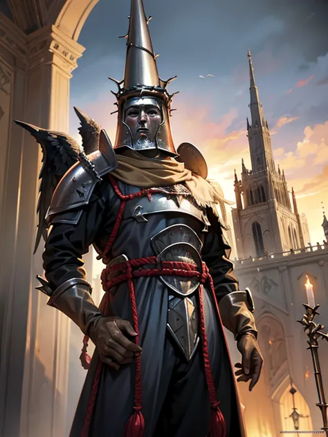 ((blasphemous)), ((the penitent)), game character, a closeup of a man wearing a helmet and armor standing in front of a castle, ...