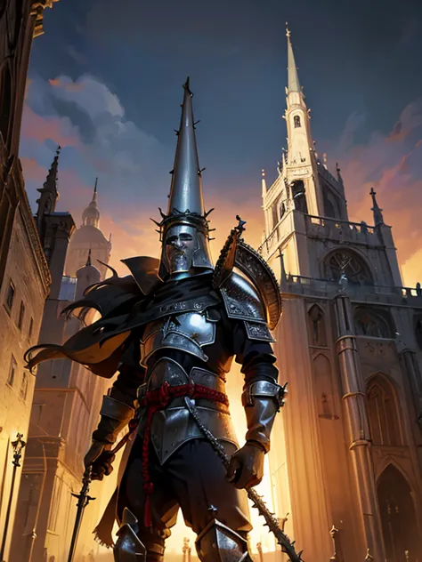 ((blasphemous)), ((the penitent)), game character, a closeup of a man wearing a helmet and armor standing in front of a castle, ...