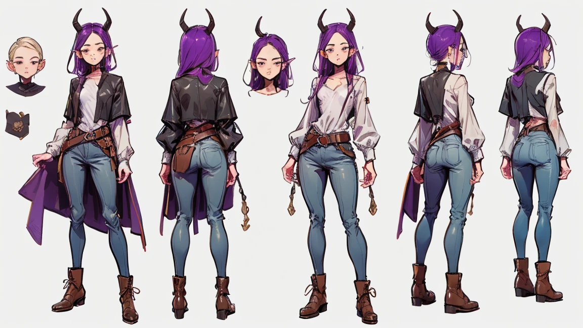 (masterpiece, best quality), detailed, 1 Girl, ((Character Concept Art)), ((Character Design Sheet, Same role, front, side, Back)), Many projects, (Tiefling Girl, Purple Hair, Purple Skin, Purple corners, flat chest, God, High target, Wearing a white linen shirt, Wearing gray-brown pants，Wear a belt, Wear leather boots, Medieval clothing, stands tall