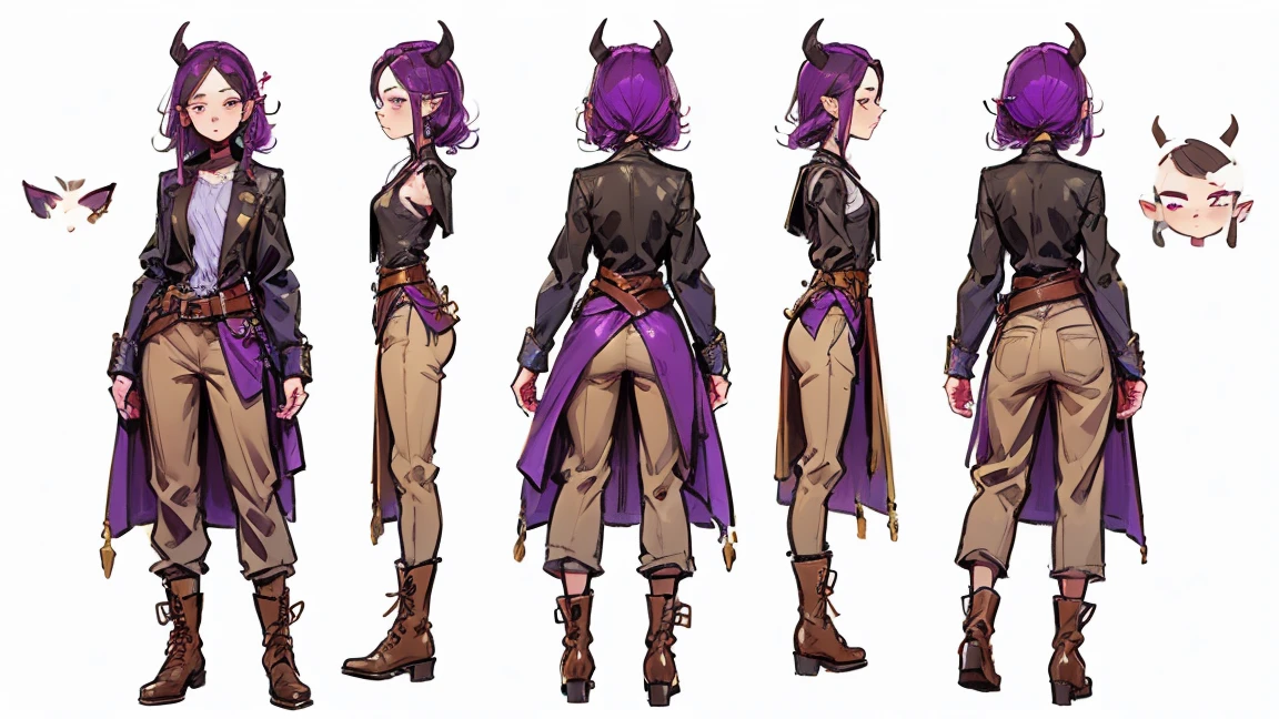 (masterpiece, best quality), detailed, 1 Girl, ((Character Concept Art)), ((Character Design Sheet, Same role, front, side, Back)), Many projects, (Tiefling Girl, Purple Hair, Purple Skin, Purple corners, flat chest, God, High target, Wearing a white linen shirt, Wearing gray-brown pants，Wear a belt, Wear leather boots, Medieval clothing, stands tall