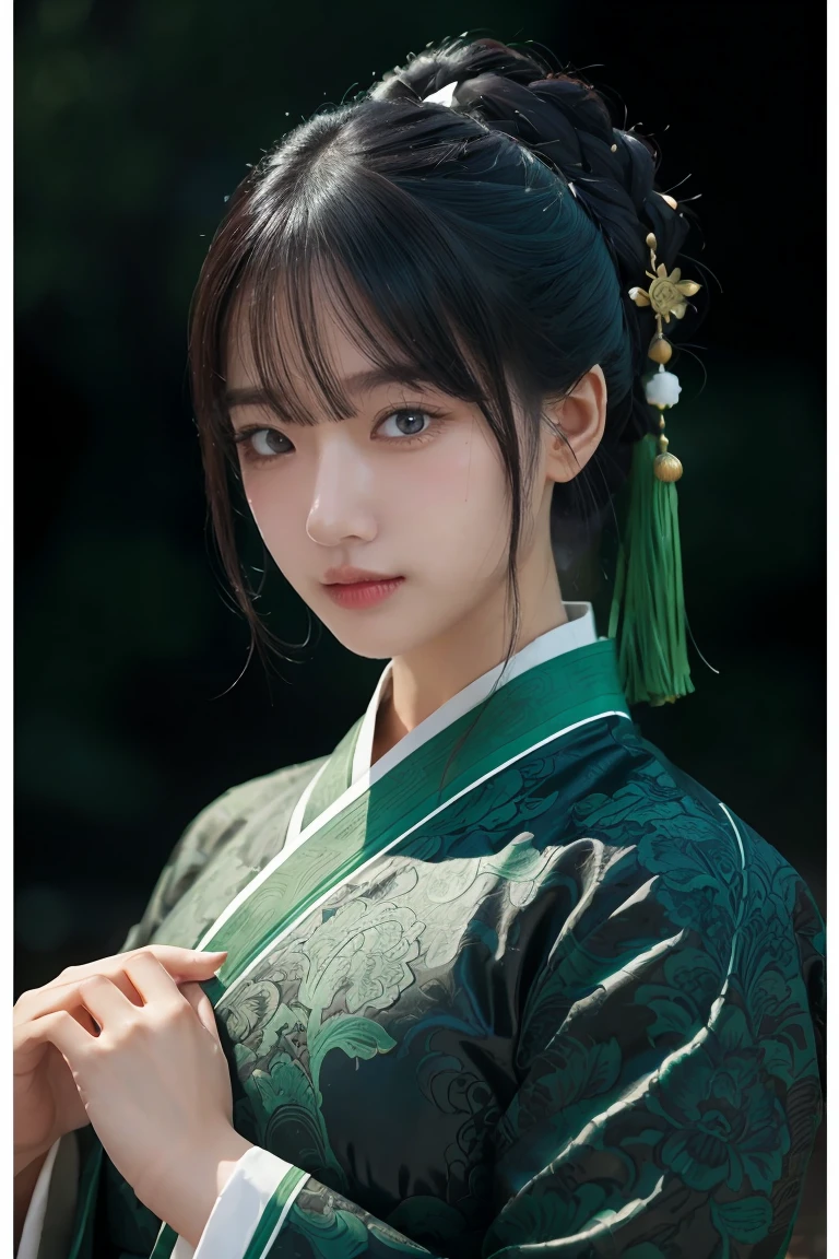 1 girl, heroine, handsome, splashed ink, Chinese armor, (upper body), black hair, floating hair, delicate eyes, black and green antique damask Hanfu, fov, (f1.8), (masterpiece), (portrait shot), front shot, white background, (movie poster), weapon