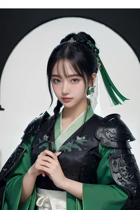 1 girl, heroine, handsome, splashed ink, Chinese armor, (upper body), black hair, floating hair, delicate eyes, black and green ...