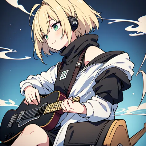 ((highest quality)), ((masterpiece)), (be familiar with), (playing guitar in the studio)short hair、perfect face,white half-up ha...