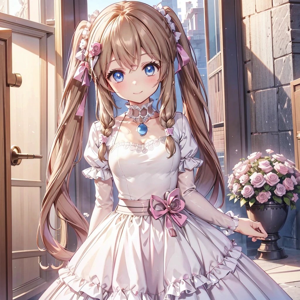 Passport photo , full body, front view, kawaii girl, blue eyes, light brown hair, stand in front the camera, neutral pose, long twintails, braids, princess dress, smile, high resolution, best detailed face and eyes, masterpiece, best quality, white color 