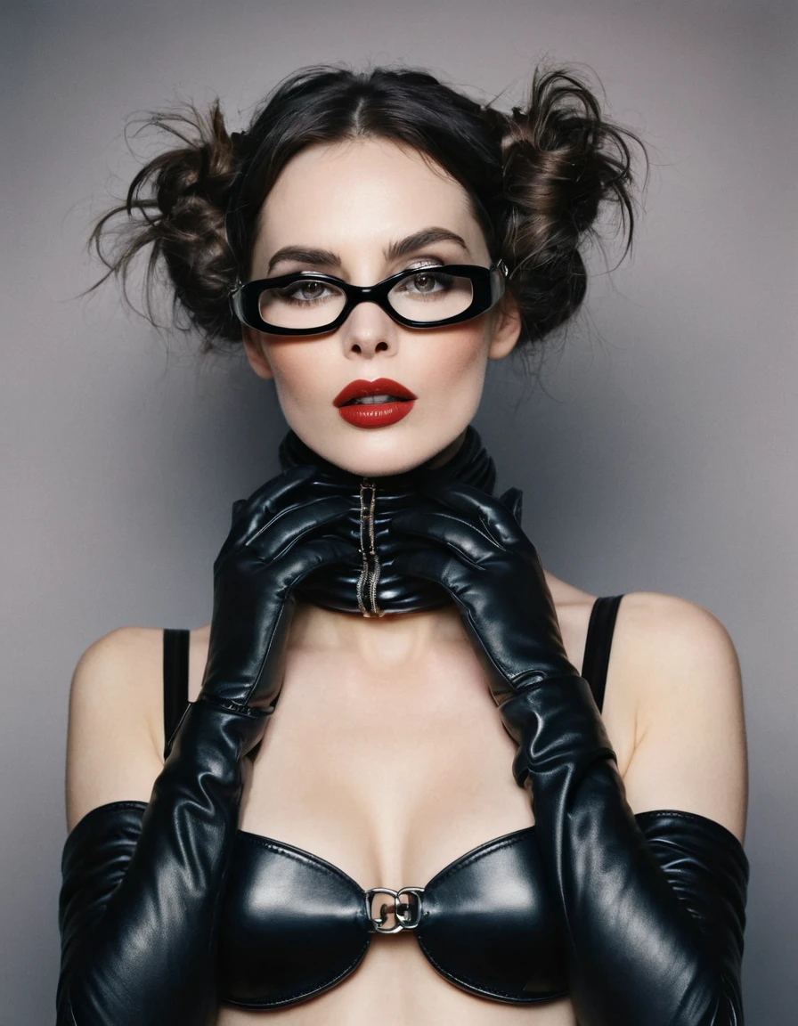 A polaroid shot of an intelligent 35-year-old dominant brunette with disheveled hair, a very thin face, pale white skin, very high cheekbones, large full lips, the largest lips, small glasses, deep mouth, dark plump glossy lips, very bright makeup. Very thin. Naked sexy model. in bdsm style. Wearing in leather gloves. A magnificent hairstyle. Shiny steel bracelets on top of black gloves. and Shiny steel bracelet necklaces are on her wrists. She wears a leather harness over her head and face. Leather garters on his feet. A sexy pose. 