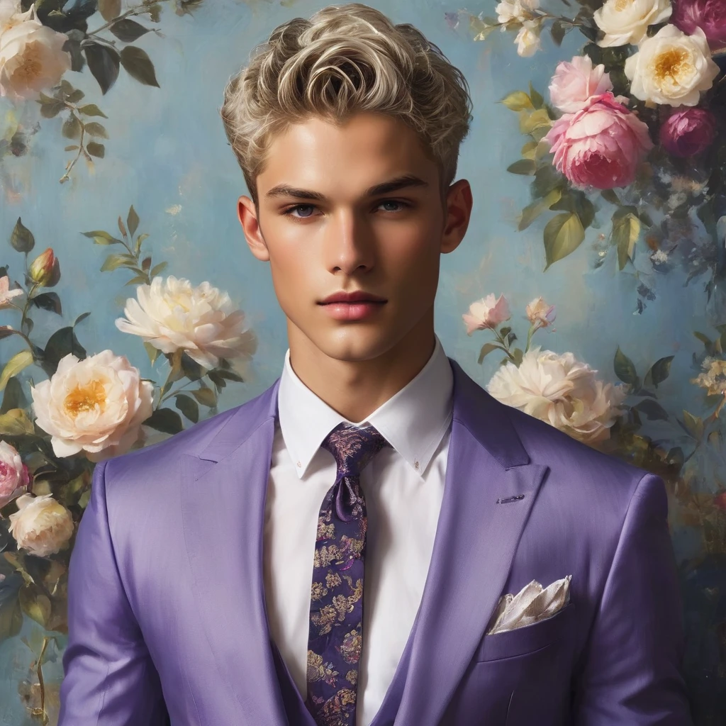 Candid Vogue fashion editorial shot of mixed male supermodel, 23 year old, short platinum silver hair, masculine appearance with slender physique, symmetric face, natural olive skin tone, exudes youthfulness and athleticism, he is very photogenic, Position against an ornate dark purple background featuring a floral painting wallpaper to add depth and richness to the scene, ((Depict Lucifer as a charismatic and sophisticated figure)), He is a striking presence with an air of mystery and intelligence. wears a well-fitted, light purple blazer over a white shirt, with dark jeans and stylish shoes. His demeanor is confident and charming, with a subtle hint of his divine origins in his calm and intense gaze. The background should be a modern, urban setting with a blend of sophistication and casualness, evoke the soft ethereal quality of the Renaissance style, raw photo, ((masterpiece)), (best quality), High Resolution, (ultra_realistic), photorealistic, ((Pay attention to the layer and arrangement of body parts and surrounding objects)), ((Pay attention to the body composition)), ((Correct body structure)), ((Correct photo distance)), romantic atmosphere, lively extremely Gorgeous background),