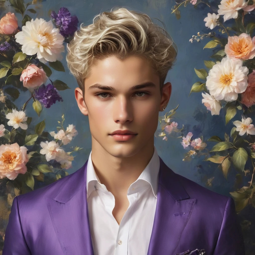 Candid Vogue fashion editorial shot of mixed male supermodel, 23 year old, short platinum silver hair, masculine appearance with slender physique, symmetric face, natural olive skin tone, exudes youthfulness and athleticism, he is very photogenic, Position against an ornate dark purple background featuring a floral painting wallpaper to add depth and richness to the scene, ((Depict Lucifer as a charismatic and sophisticated figure)), He is a striking presence with an air of mystery and intelligence. wears a well-fitted, light purple blazer over a white shirt, with dark jeans and stylish shoes. His demeanor is confident and charming, with a subtle hint of his divine origins in his calm and intense gaze. The background should be a modern, urban setting with a blend of sophistication and casualness, evoke the soft ethereal quality of the Renaissance style, raw photo, ((masterpiece)), (best quality), High Resolution, (ultra_realistic), photorealistic, ((Pay attention to the layer and arrangement of body parts and surrounding objects)), ((Pay attention to the body composition)), ((Correct body structure)), ((Correct photo distance)), romantic atmosphere, lively extremely Gorgeous background),