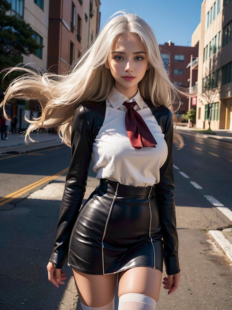 (A photo of a super beautiful white-haired Russian female student standing:1.2)(Sexiest Arab Women)(Smiling:1.2)(16K, RAW Photos, Highest quality, masterpiece: 1.2),(Her shiny, wavy long hair is blown wildly by the wind:1.1) Super detailed, Super Resolution, (Genuine, Genuine photos: 1.37), Portraiture, High-resolution RAW color photos, Professional photos, Very detailed, 8k wallpaper, Very detailed CG Unity 8k wallpaper, Very detailed beautiful girl, Very detailed faces,(Blizzard in Tel Aviv:1.2)(Tight school uniform:1.2)(whole body)(Skinny but big boobs:1.1)(かわいいタイトな半袖 style outfit:1.2)School uniform style outfit,light gray eyes,from side,Winter coats for students,Knee-high socks