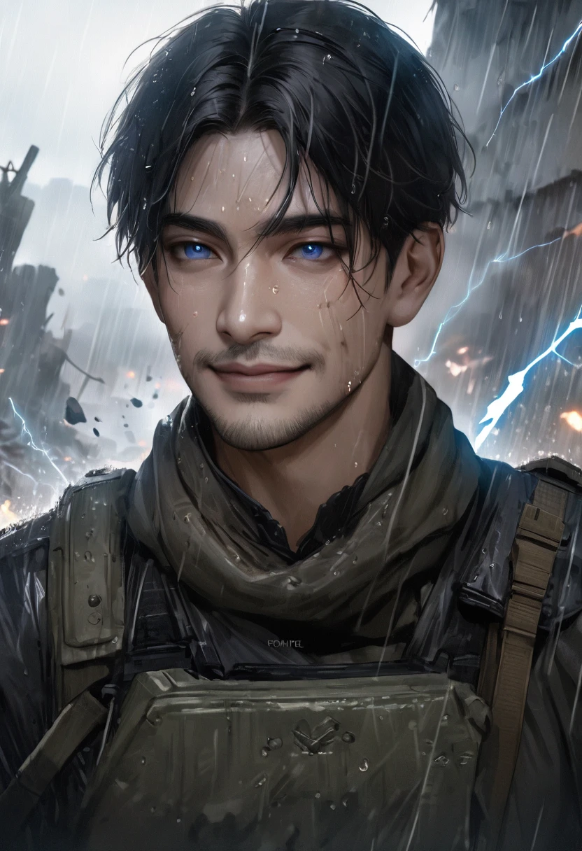 Masterpiece, Highest quality, Heavy rain, battlefield, realistic, 1 person, mature man,solemn face, A quiet and charming young man, 30 years old, smile, gag, Portrait, Highly detailed face, 寒さとsmile, ((blue eyes)), dark black hair,short hair,short hairสีดำ,((short hairสีดำ)), [Thick eyebrows],,1 man,alone,dark black hair,short hair,short hairสีดำ,buzz cut,beautiful eyes,blue eyes,black gloves, soldier, headset,black dress, Weight-bearing vest, sling,Wear epTactical,High Boots,Assault Rifle(AK102),ถือAssault Rifleสีดำ,aimed at the audience,ruins,electricity,destroyed building,Debris,Heavy rain,Masterpiece,best quality,Very detailed,