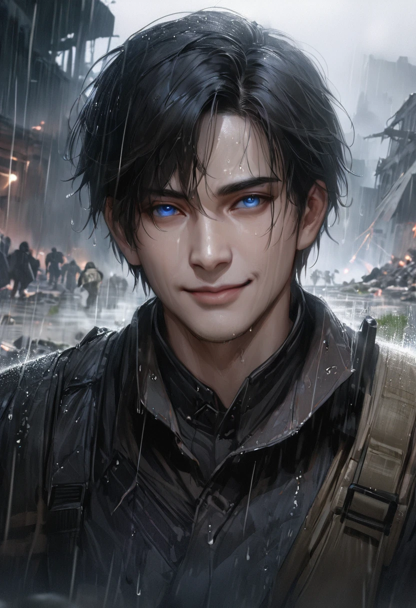 Masterpiece, Highest quality, Heavy rain, battlefield, realistic, 1 person, mature man,solemn face, A quiet and charming young man, 30 years old, smile, gag, Portrait, Highly detailed face, 寒さとsmile, ((blue eyes)), dark black hair,short hair,short hairสีดำ,((short hairสีดำ)), [Thick eyebrows],,1 man,alone,dark black hair,short hair,short hairสีดำ,buzz cut,beautiful eyes,blue eyes,black gloves, soldier, headset,black dress, Weight-bearing vest, sling,Wear epTactical,High Boots,Assault Rifle(AK102),ถือAssault Rifleสีดำ,aimed at the audience,ruins,electricity,destroyed building,Debris,Heavy rain,Masterpiece,best quality,Very detailed,