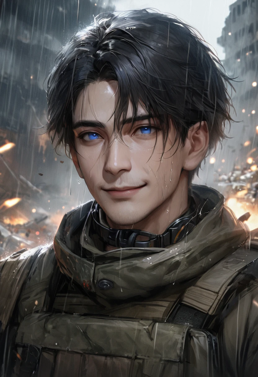 Masterpiece, Highest quality, Heavy rain, battlefield, realistic, 1 person, mature man,solemn face, A quiet and charming young man, 30 years old, smile, gag, Portrait, Highly detailed face, 寒さとsmile, ((blue eyes)), dark black hair,short hair,short hairสีดำ,((short hairสีดำ)), [Thick eyebrows],,1 man,alone,dark black hair,short hair,short hairสีดำ,buzz cut,beautiful eyes,blue eyes,black gloves, soldier, headset,black dress, Weight-bearing vest, sling,Wear epTactical,High Boots,Assault Rifle(AK102),ถือAssault Rifleสีดำ,aimed at the audience,ruins,electricity,destroyed building,Debris,Heavy rain,Masterpiece,best quality,Very detailed,