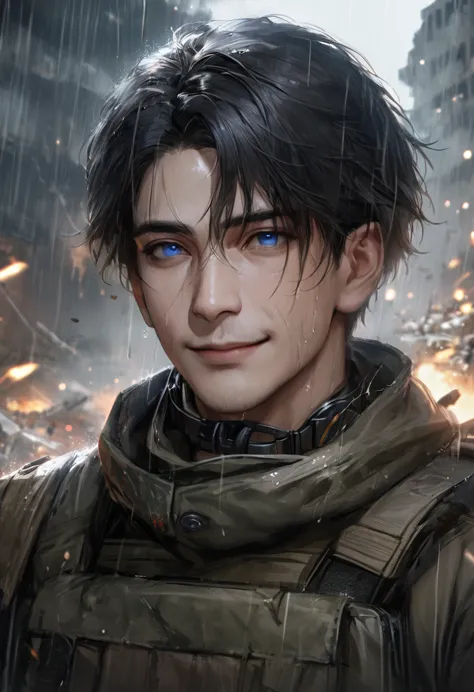 Masterpiece, Highest quality, Heavy rain, battlefield, realistic, 1 person, mature man,solemn face, A quiet and charming young m...